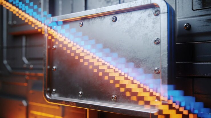 Streaming orange-blue pixels starting corners, crossing center bolted panel on metal wall