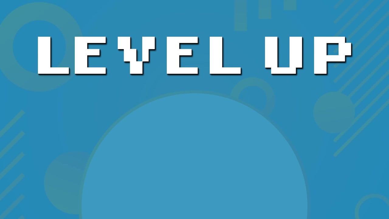 Animation of level up text and data processing on blue background