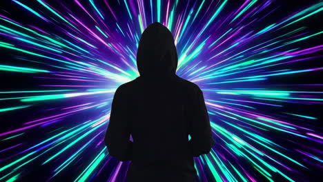 hooded figure in a hyperspace tunnel
