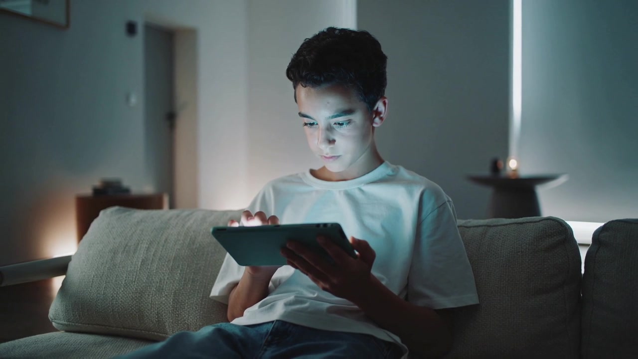Reacting to tablet glow, teen male tapping, swiping on living room sofa, studying, in white T-shirt