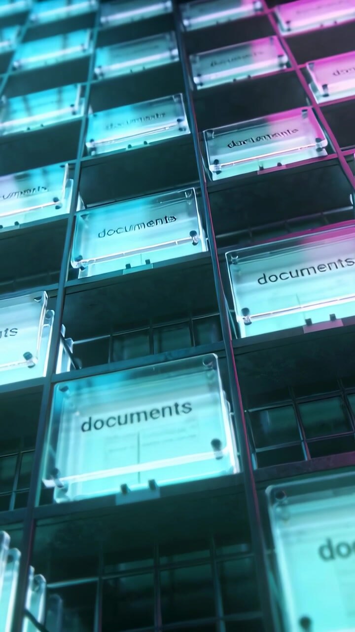 Vertical video: Tilting camera revealing modular grid in archive, with panels labeled 'documents'