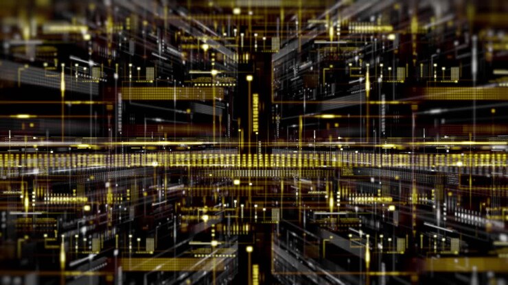 Sfondo futuristico 4K con codice dati digitale ed elementi HUD