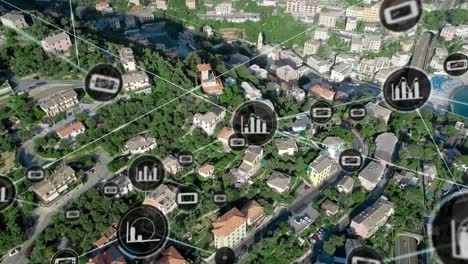 animazione della rete di connessioni con icone sul paesaggio urbano