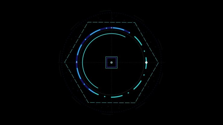 Futuristic Digital HUD Interface with Rotating Geometric Elements