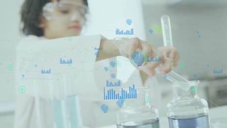 Animation-of-graph-and-connected-dots-over-biracial-boy-pouring-liquid-in-beaker-at-laboratory