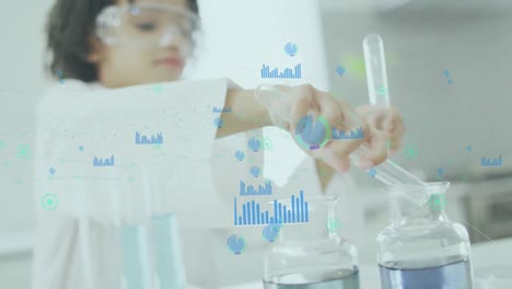 animation of graph and connected dots over biracial boy pouring liquid in beaker at laboratory