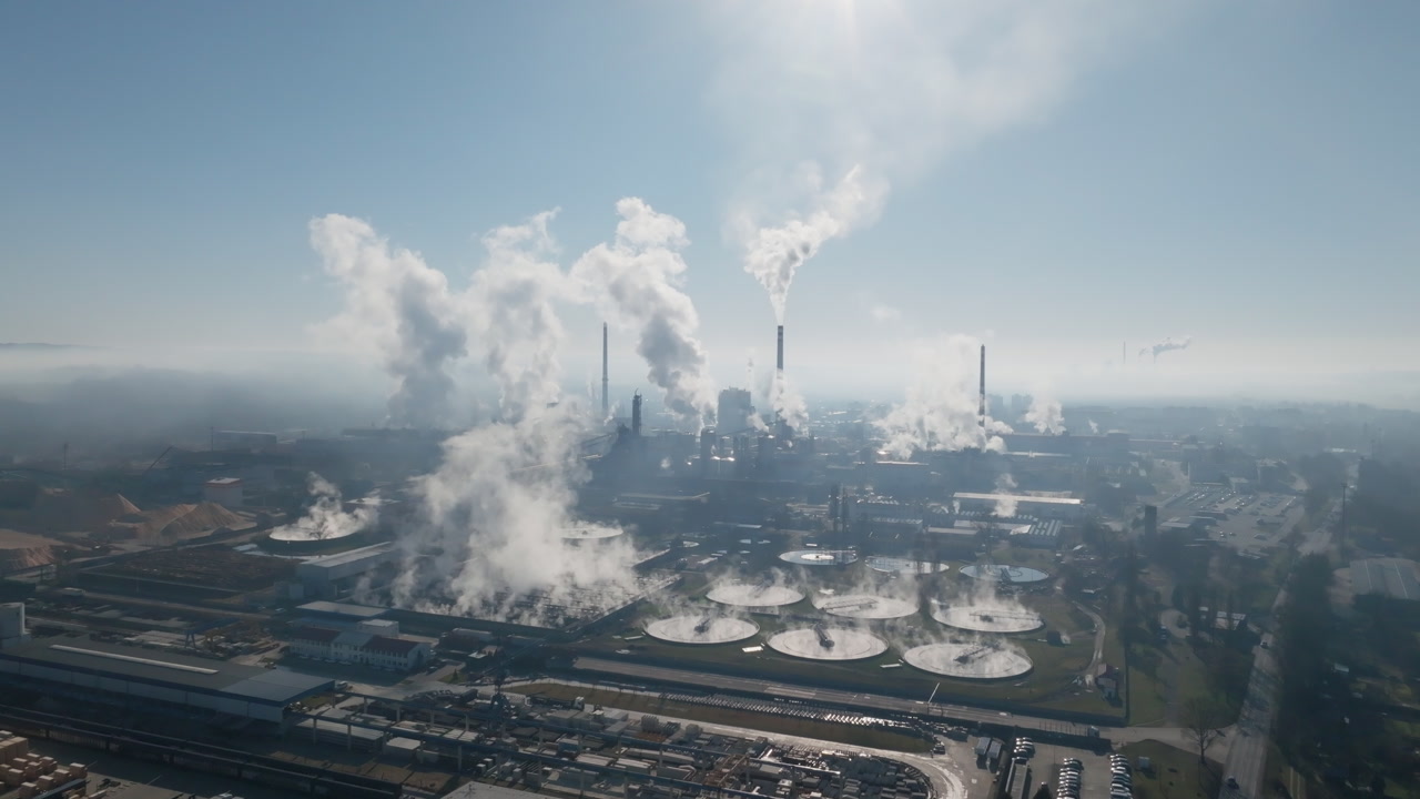 Drone view toward the industrial skyline of the Štětí paper mill, featuring multiple tall chimneys and thick steam plumes over sprawling production buildings.