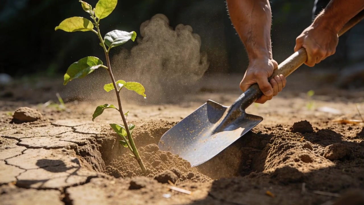 Pushing shovel into soil, worker digging and packing, securing sapling and raising dust at dry soil