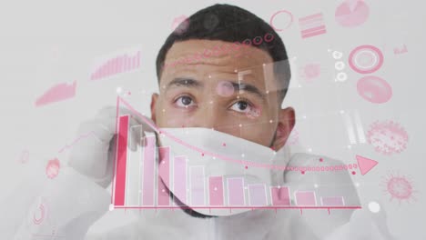 animación de células de coronavirus y diagramas sobre raza mixta médico masculino con máscara facial