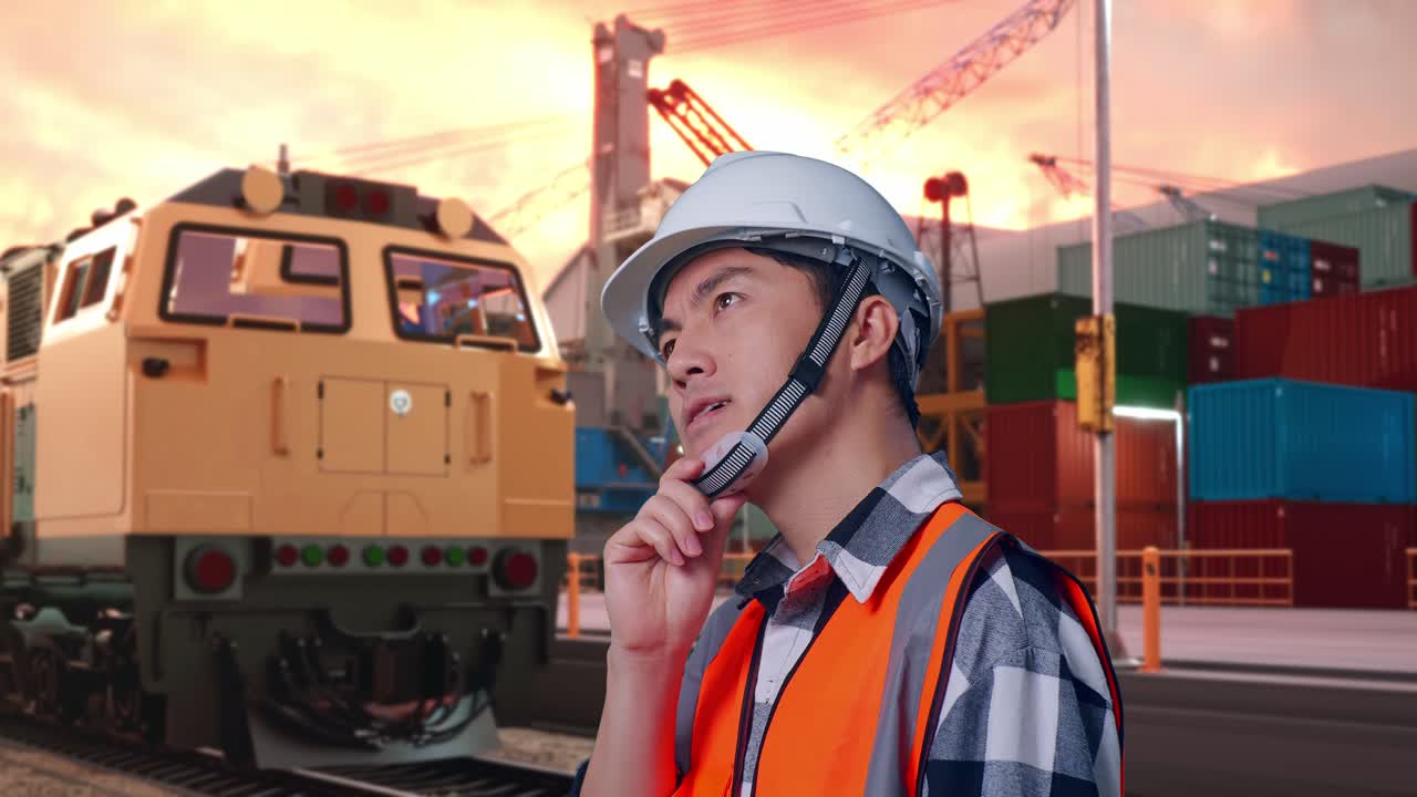 Engineer at a Port with Train in Background