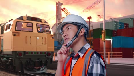 engineer at a port with train in background