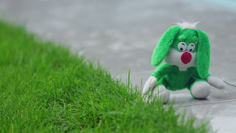 a plush hare sits in the pouring rain on a garden path