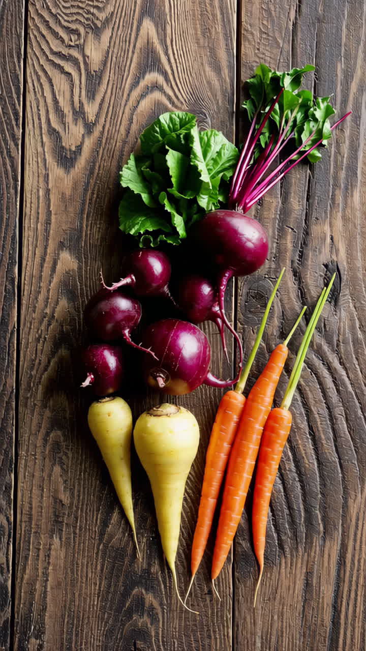 Assortment of Root Vegetables on Wooden Surface