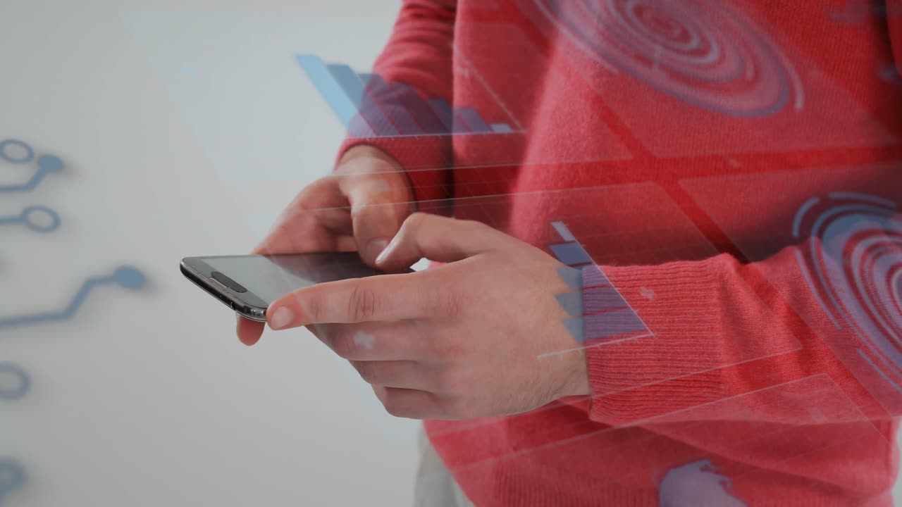 animación del procesamiento de datos sobre el hombre caucásico usando el teléfono.