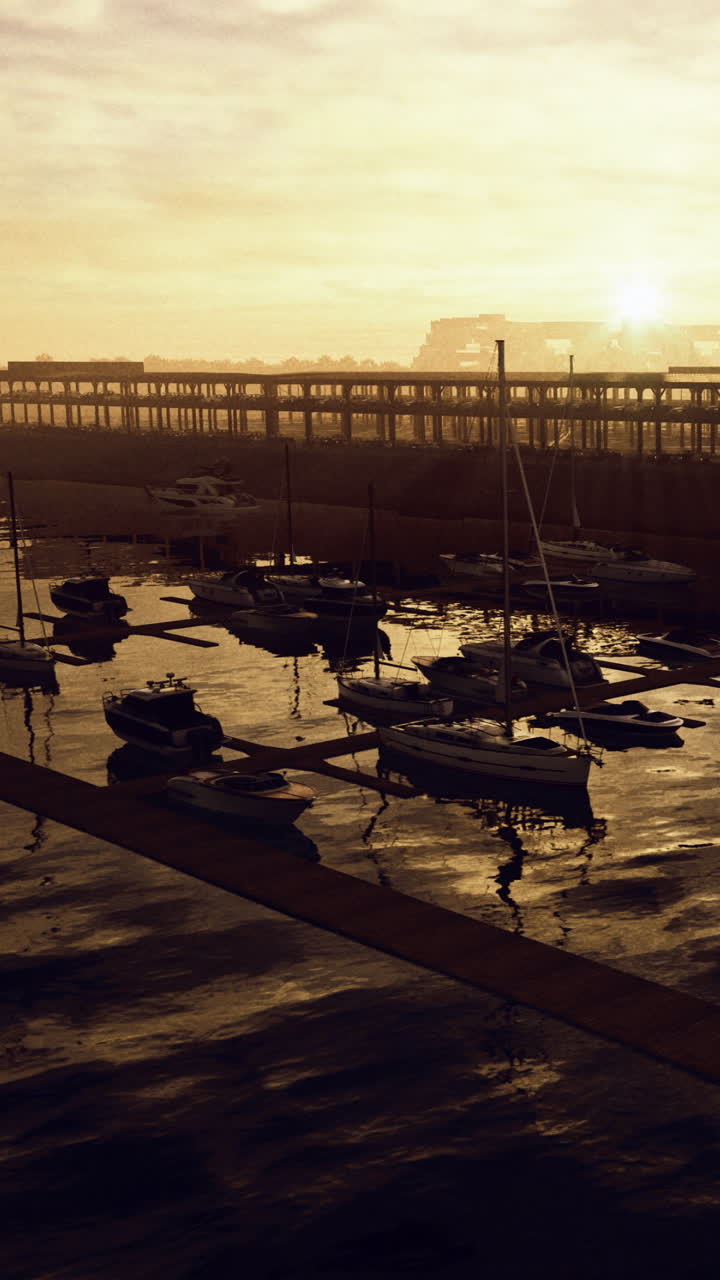 Sunset view of boats in harbor with pier and water reflections in background