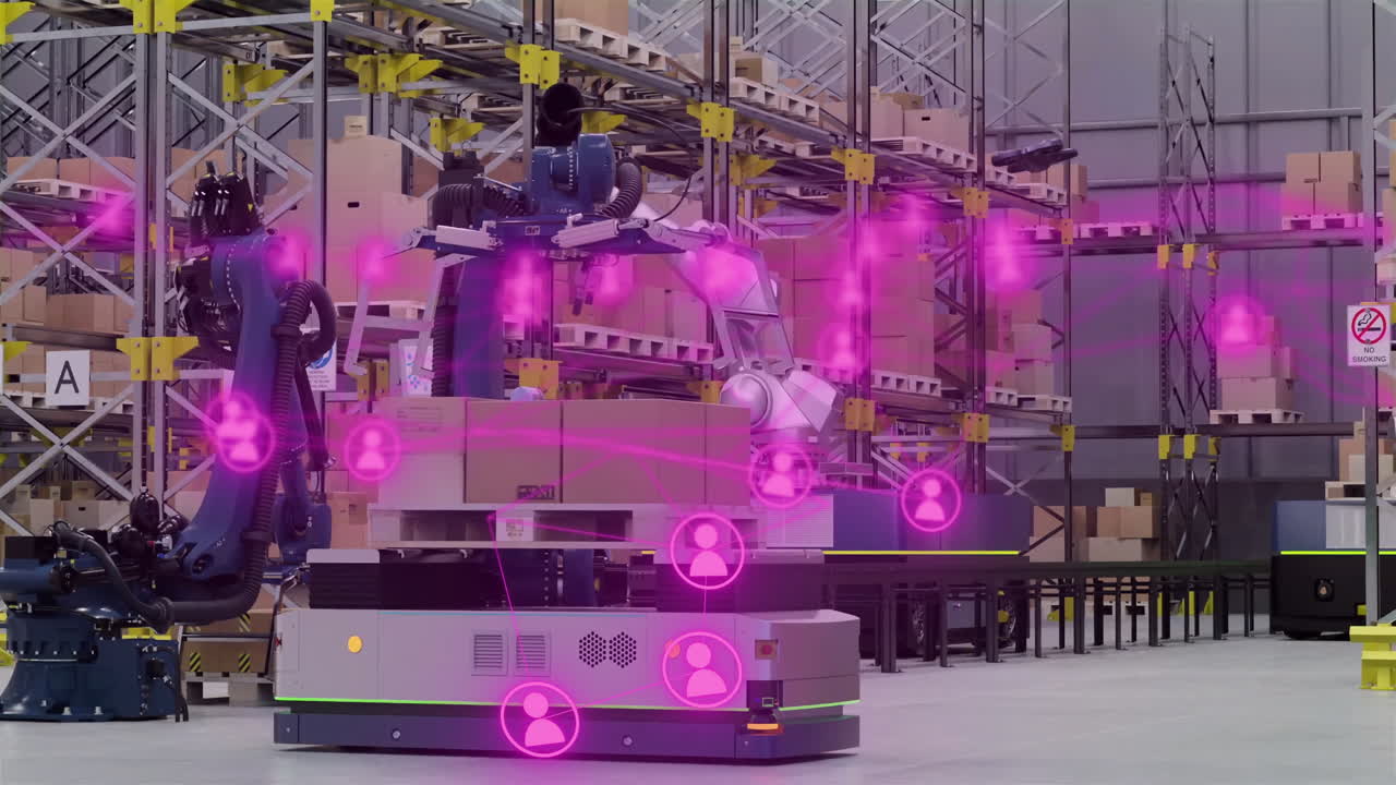 분홍색 사용자 아이콘 애니메이션으로 창고에서 로 팔을 분류하는 패키지