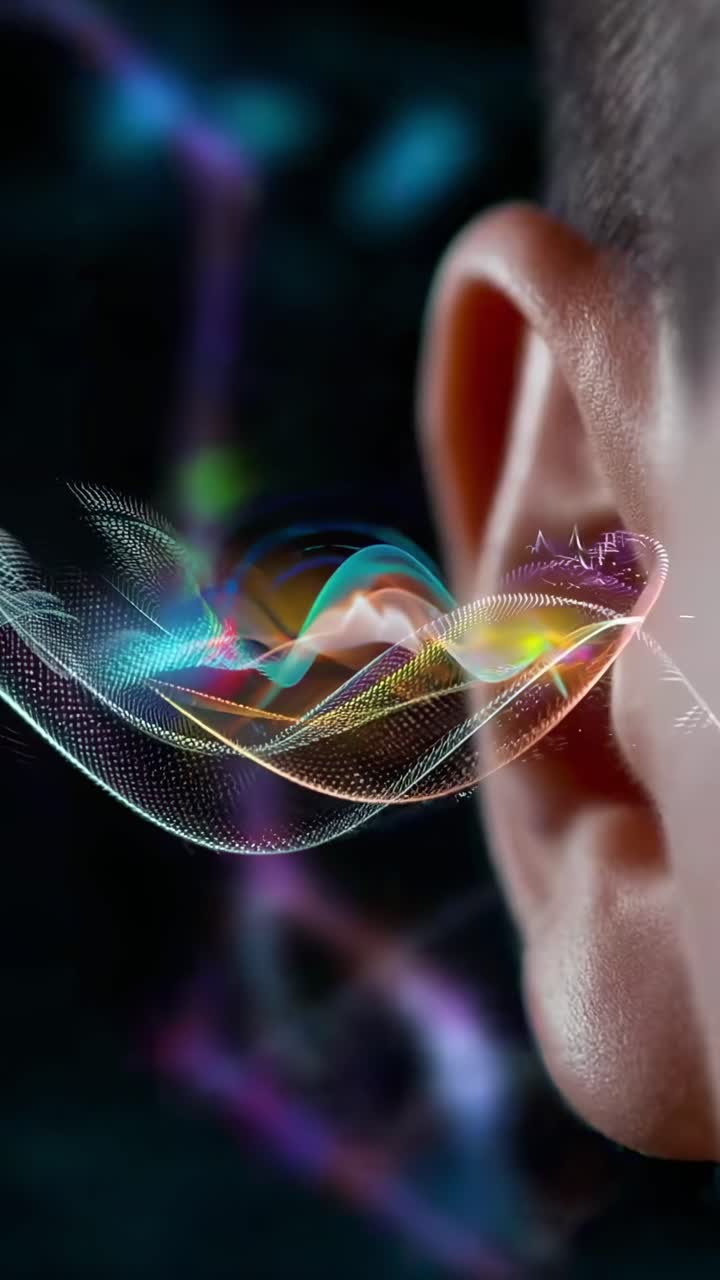Close-up video of an ear with colorful sound waves, angled from behind, futuristic style