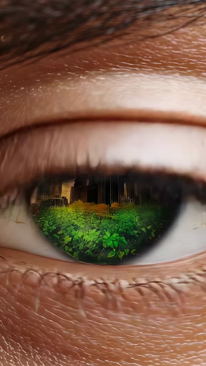 Video verticale: micromovimenti dell'occhio umano che rivelano lo skyline di un parco urbano nella pupilla, riflesso nitido