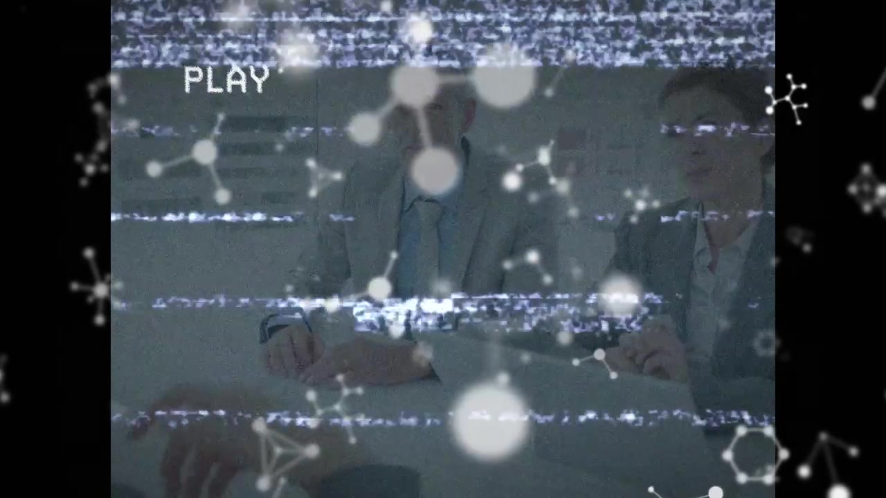 オフィスで働く白人ビジネスパーソンの上に分子のアニメーション。