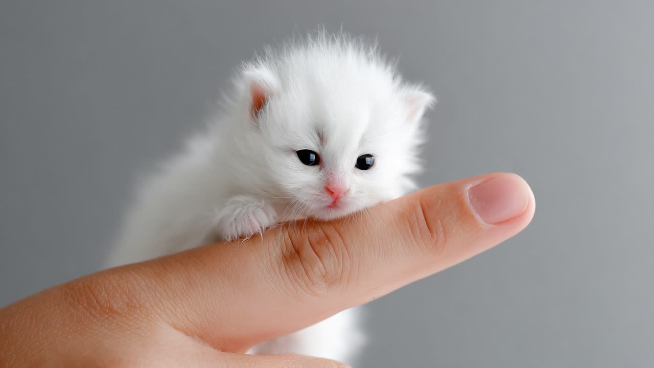 Adorabile gattino bianco che posa su un dito: momenti affascinanti di un felino giocoso in primo piano, che ne mettono in mostra la morbidezza del pelo e la natura curiosa