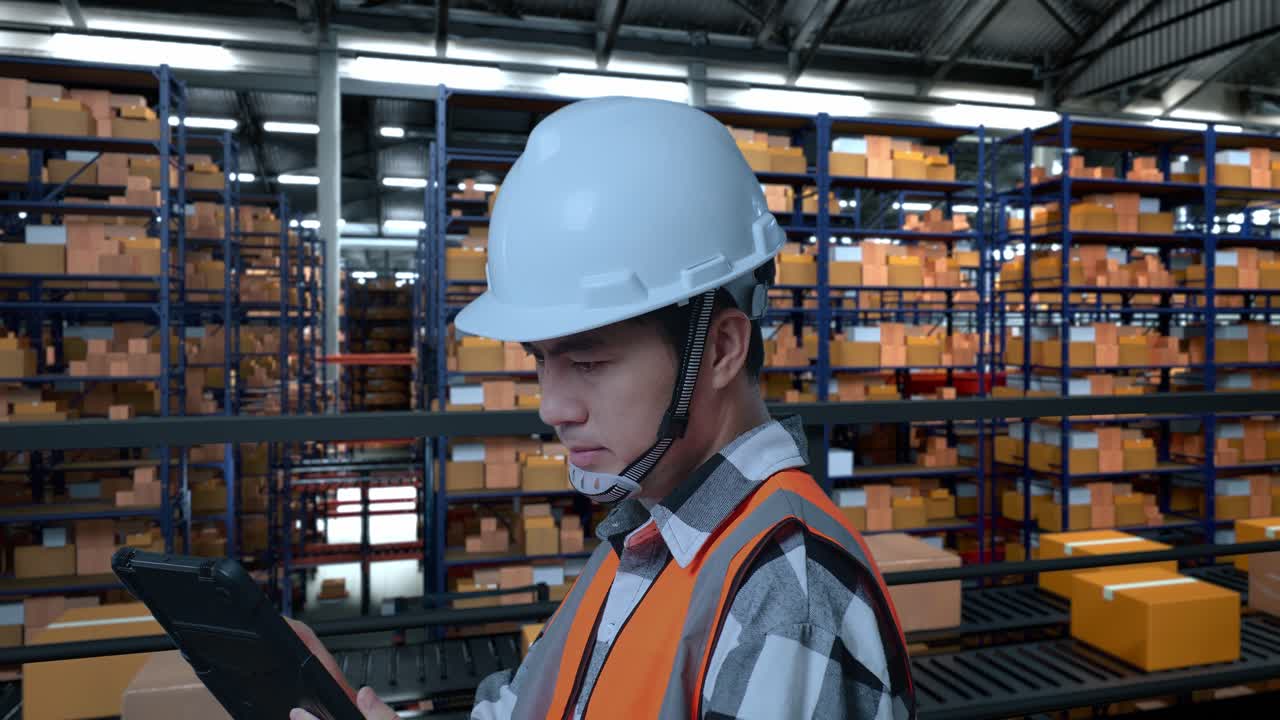 vista lateral cercana de un ingeniero masculino asiático con casco de seguridad trabajando en una tableta mientras está de pie en el almacén con estantes llenos de productos de entrega