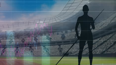 animación de gráficos y procesamiento de datos, con atletas femeninas y jabalín sobre estadios deportivos