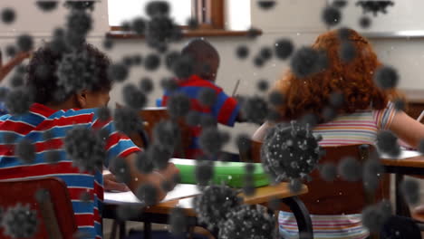 animation of coronavirus cells over schoolchildren learning