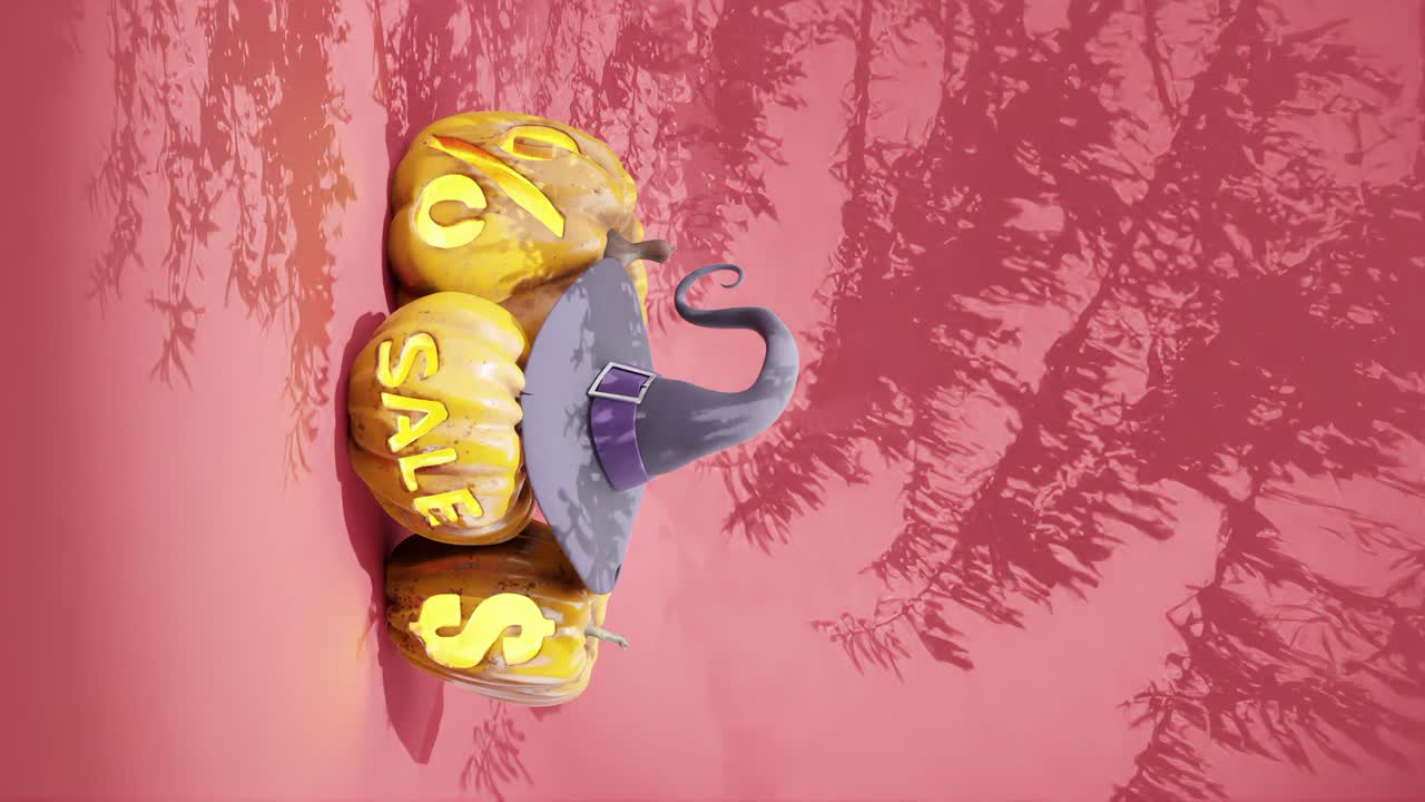 calabazas de halloween grabadas con venta, porcentaje, signo de dólar contra un fondo rojo