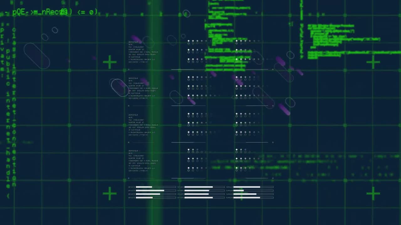Animation of purple fireworks over interface with green digital grid and data processing