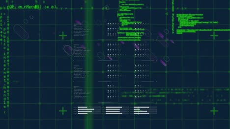 Animación-De-Fuegos-Artificiales-Morados-Sobre-Interfaz-Con-Cuadrícula-Digital-Verde-Y-Procesamiento-De-Datos