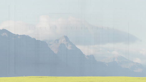 mountain landscape with grid lines and data processing animation overlay
