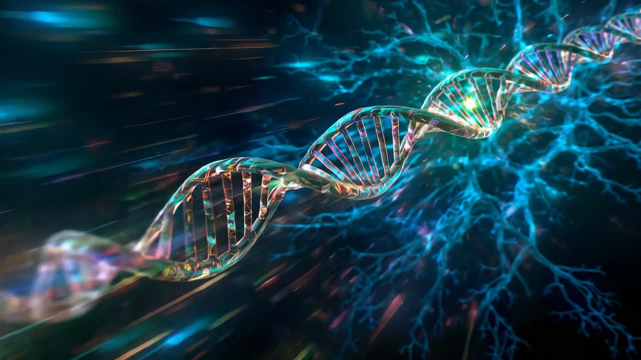 Entering DNA helix gliding centerward in dark void with electric-blue branches pulsing energy