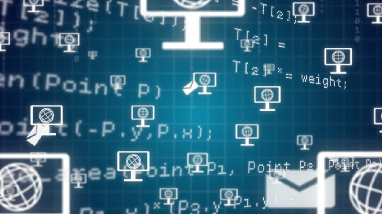 animación de iconos digitales y procesamiento de datos.