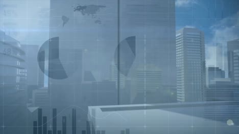 animación del procesamiento de datos estadísticos frente a una vista aérea del paisaje urbano