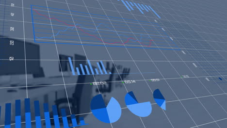 animation of blue charts processing data over computers on desks at empty office