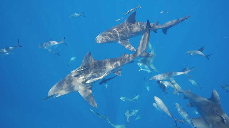 Bull sharks and smaller fish schooling in spiral