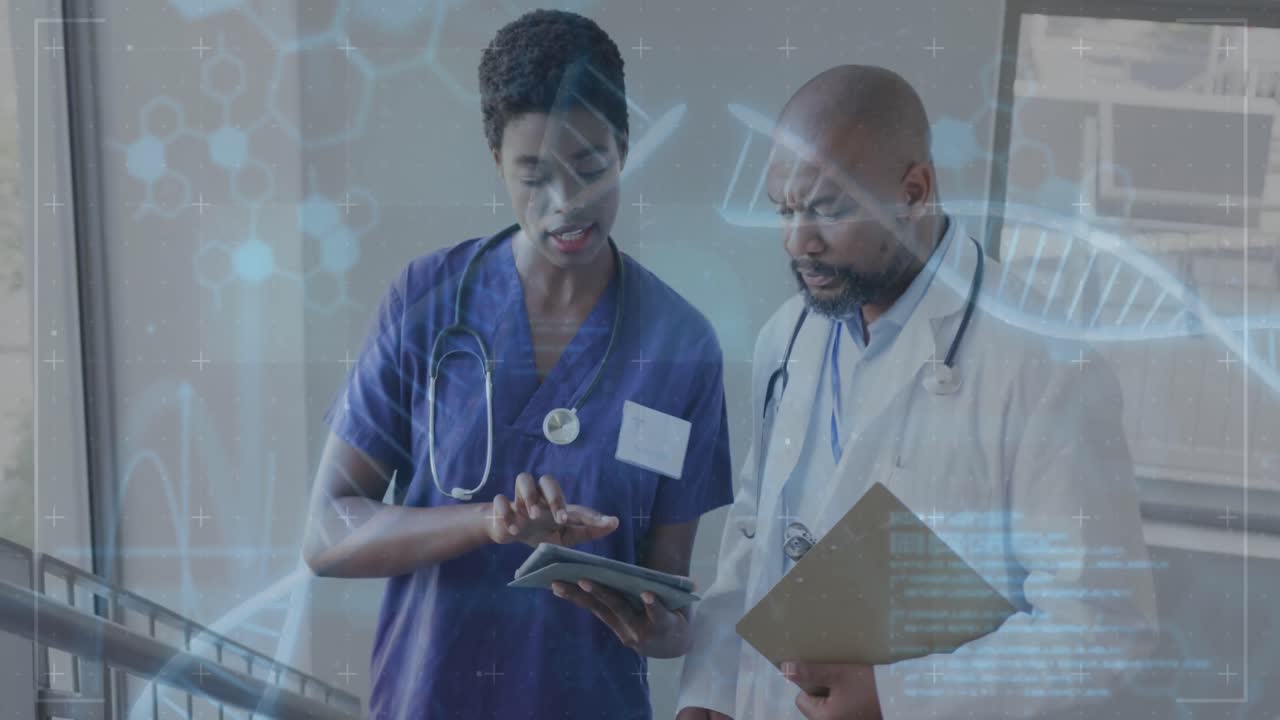 Animation of dna strand and data over african american female and male doctor using tablet talking