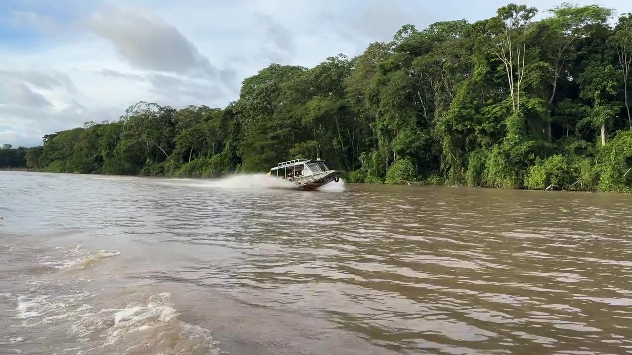 Un motoscafo naviga velocemente il Rio delle Amazzoni, delimitato da una giungla lussureggiante. La scena cattura il movimento dinamico dell'imbarcazione contro lo sfondo verde vibrante. Ideale per contenuti di viaggio o avventura