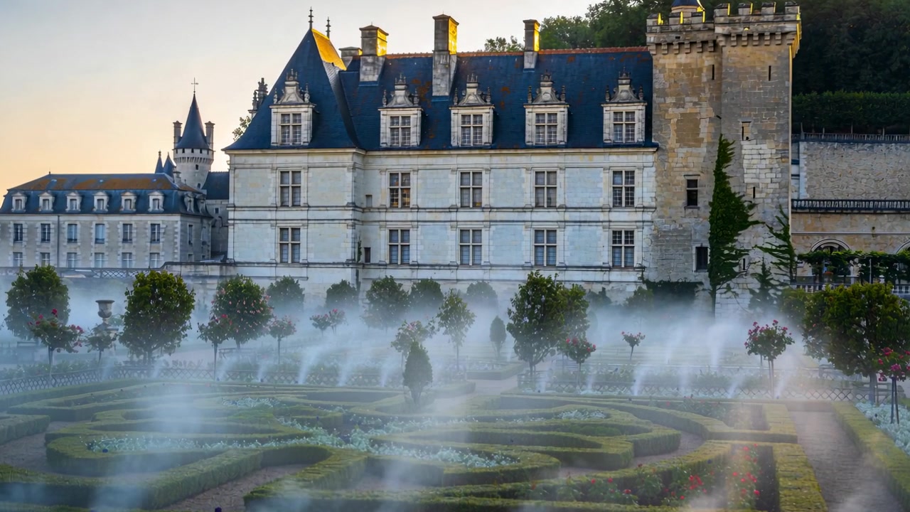 Irrigatori che si attivano in un giardino alla francese all'alba, annaffiando le siepi e velando un castello storico.