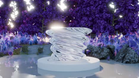 abstract 3d product display with spiral crystal and purple floral background