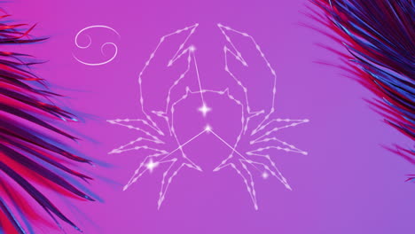 animación del signo de la estrella del cáncer sobre hojas exóticas en fondo rosa.