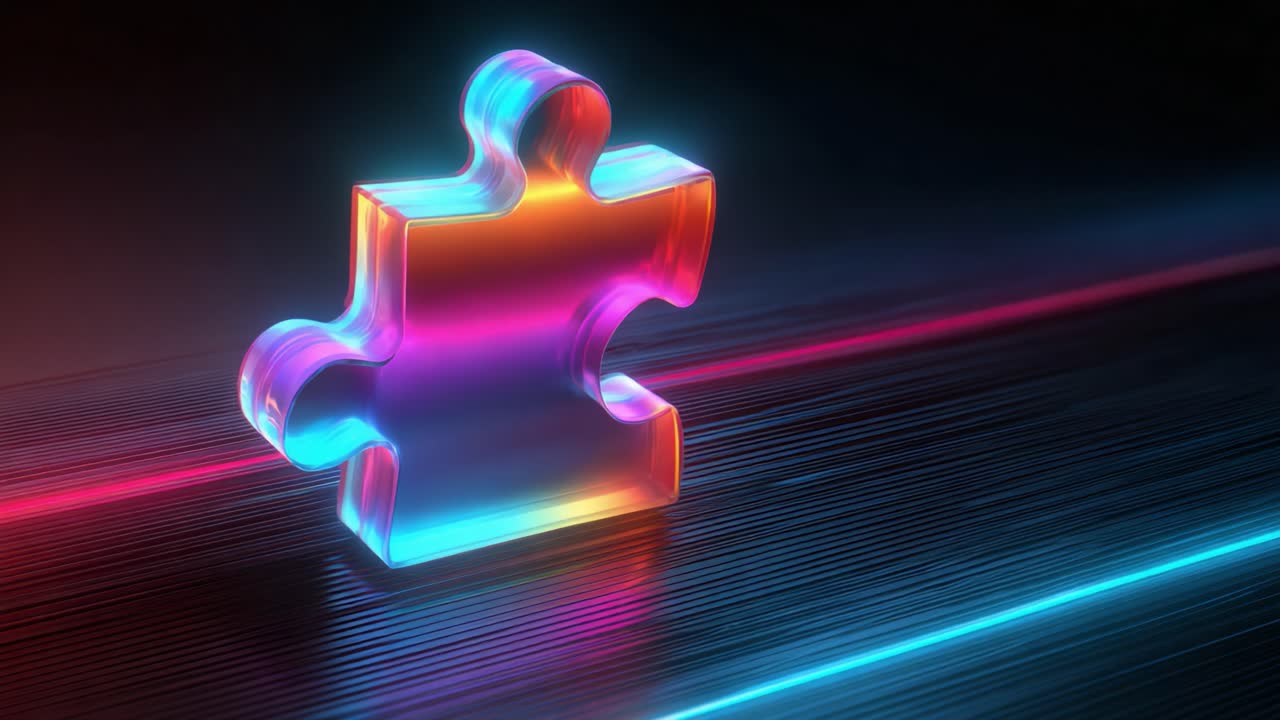 A Captivating Glimpse of a Vibrant, Translucent Puzzle Piece Highlighted by Neon Glow and Dynamic Light Trails, Symbolizing Connection and Wholeness in a Creative Universe
