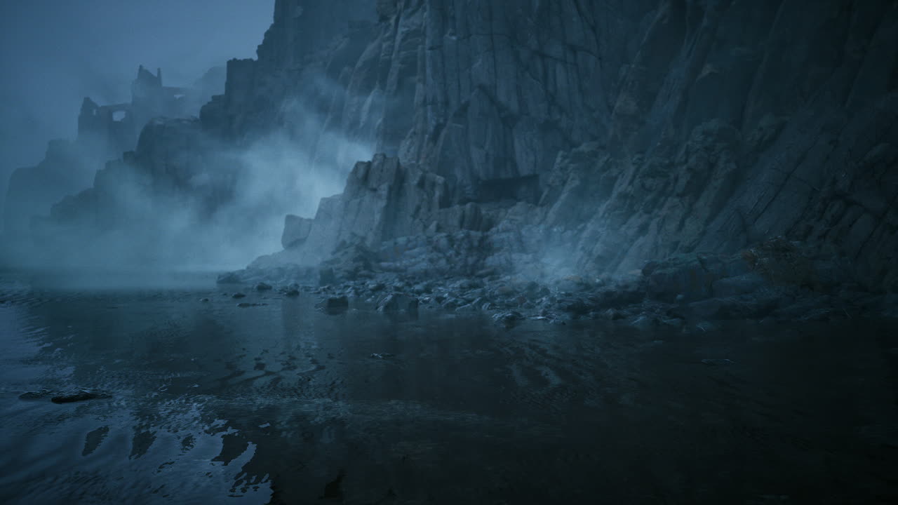 Ancient ruins by sea eerie cliffs with fog and reflective tidal pools