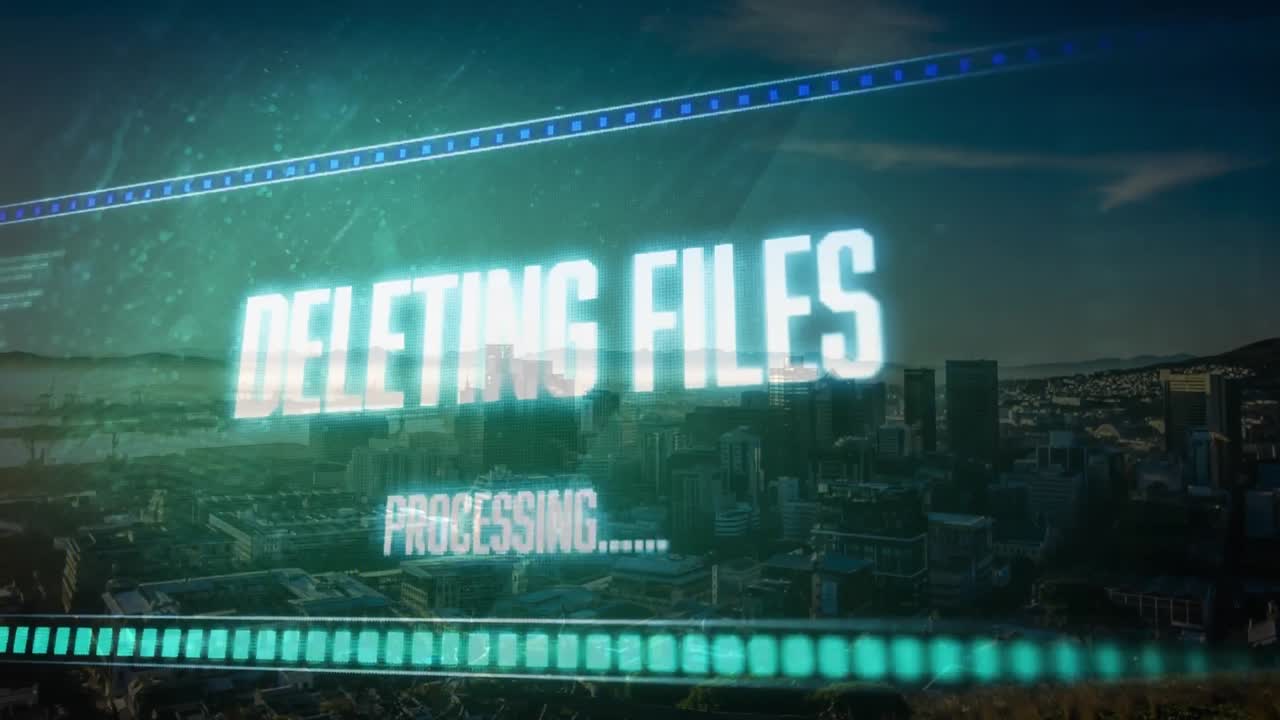 animación de la interfaz con el procesamiento de datos frente a una vista aérea del paisaje urbano