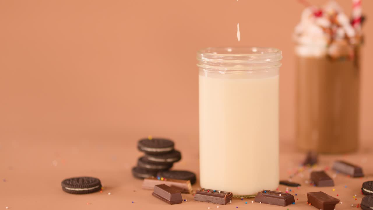 Slow-motion creamy milkshake poured into glass jar among cookies and chocolate on brown background