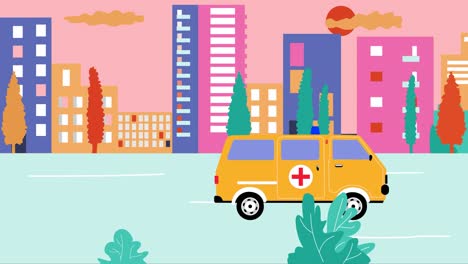 ambulanza pasa por calles vacías en la ciudad durante la puesta de sol de verano. brote de coronavirus en la ciudad. animación de dibujos animados, diseño plano, bucle 4k