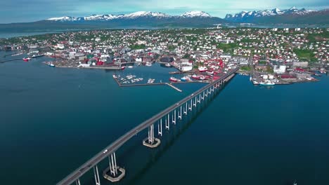 Bridge-of-city-Tromso,-Norway-Aerial-footage