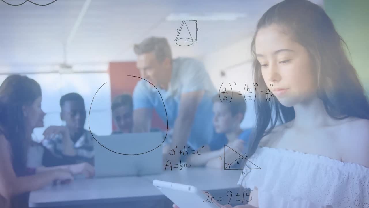 교사와 함께 다양한 학생 그룹에 걸쳐 떨어지는 수학 수식의 애니메이션