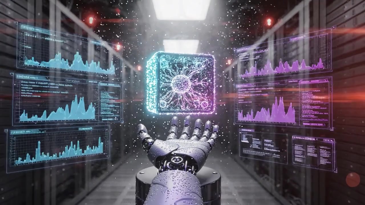 A robotic hand holds a glowing cube within a high-tech server room, showcasing advanced technology and the fusion of artificial intelligence with digital innovation.