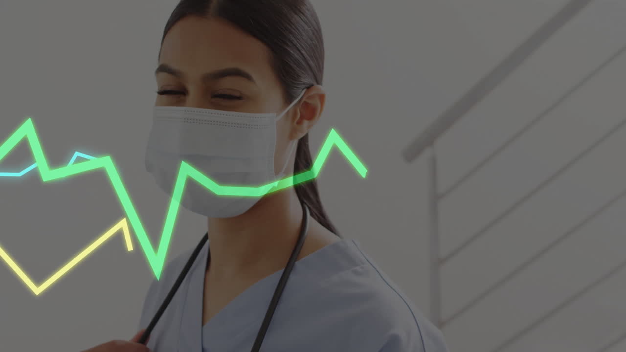 Wearing mask, healthcare worker with animation of heartbeat line in background
